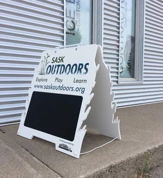 White custom cut A-frame sign with chalkboard insert