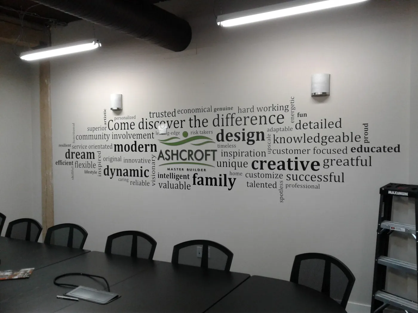 Word-cloud wall decal in a boardroom