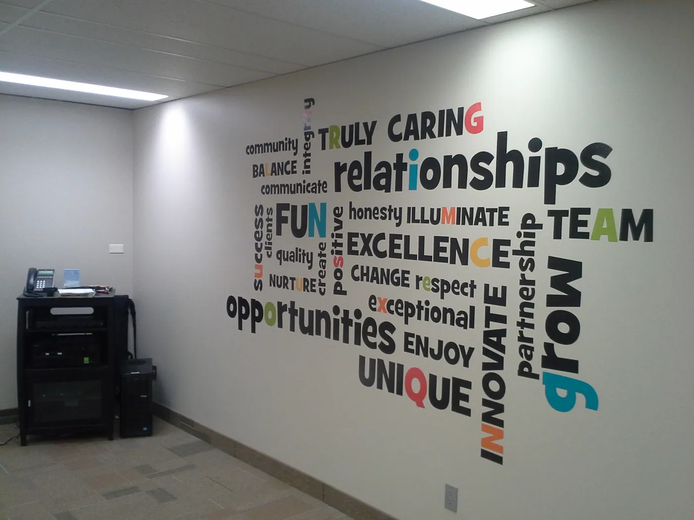 Colourful printed wall decal in an office