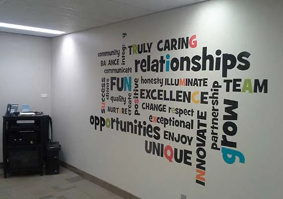 Printed word-cloud wall decal in an office