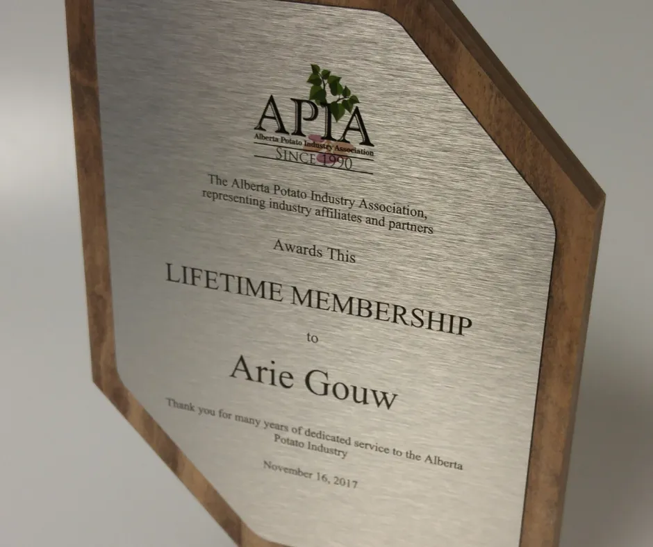 Custom award plaque with wood and printed metal