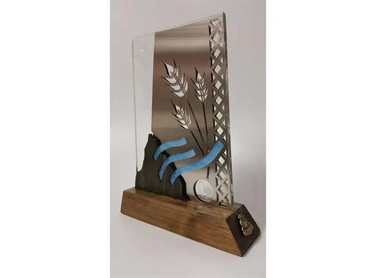 Laser-cut metal and wood award