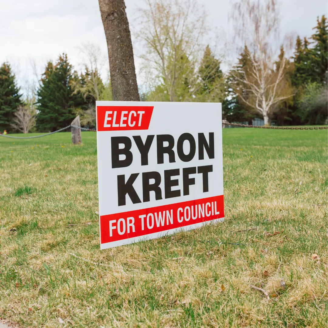 Coroplast election yard sign on a lawn
